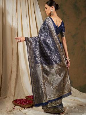 Navy Blue Color Weaving Work Banarasi silk blend Saree With Blouse 5