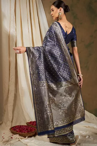 Navy Blue Color Weaving Work Banarasi silk blend Saree With Blouse