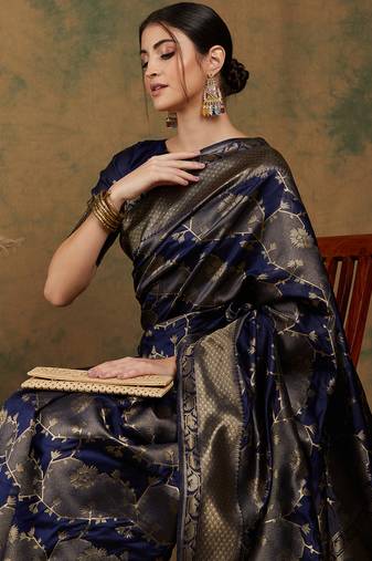 Navy blue color weaving work Banarasi silk blend saree with blouse