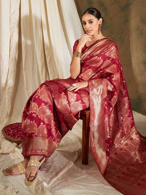 Red Color Weaving Work Banarasi silk blend Saree With Blouse 1
