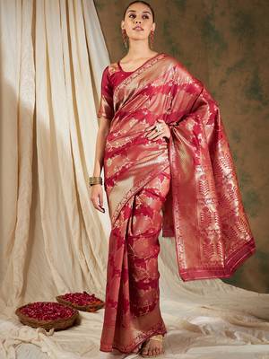 Red Color Weaving Work Banarasi silk blend Saree With Blouse 2