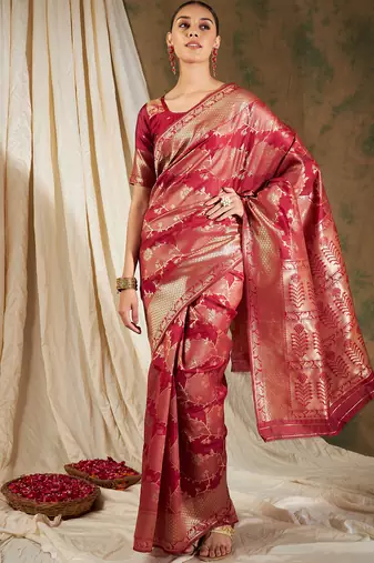 Red Color Weaving Work Banarasi silk blend Saree With Blouse