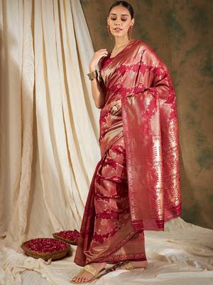 Red Color Weaving Work Banarasi silk blend Saree With Blouse 3