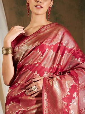 Red Color Weaving Work Banarasi silk blend Saree With Blouse 4