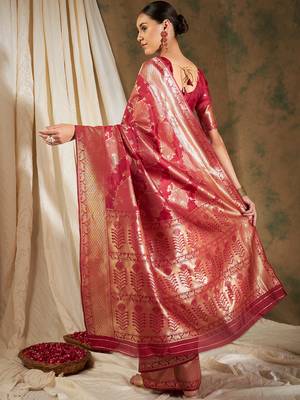 Red Color Weaving Work Banarasi silk blend Saree With Blouse 5