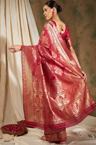 Red Color Weaving Work Banarasi silk blend Saree With Blouse