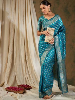 Sky blue color weaving work kanjivaram silk saree with blouse 1