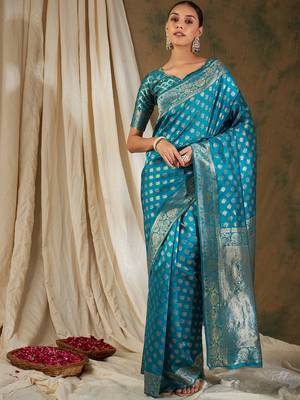 Sky blue color weaving work kanjivaram silk saree with blouse 2