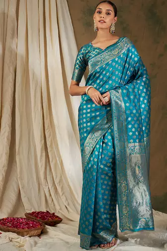 Sky blue color weaving work kanjivaram silk saree with blouse