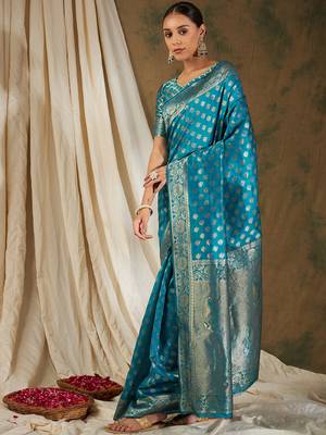 Sky blue color weaving work kanjivaram silk saree with blouse 3
