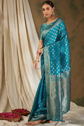 Sky blue color weaving work kanjivaram silk saree with blouse