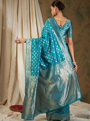 Sky blue color weaving work kanjivaram silk saree with blouse 4