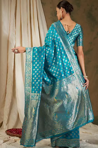 Sky blue color weaving work kanjivaram silk saree with blouse