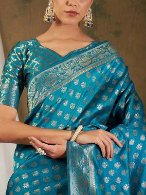 Sky blue color weaving work kanjivaram silk saree with blouse 5