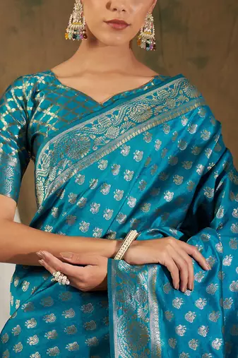 Sky blue color weaving work kanjivaram silk saree with blouse
