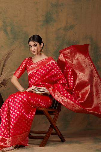 Red color weaving work kanjivaram silk saree with blouse