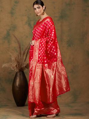Red color weaving work kanjivaram silk saree with blouse 2