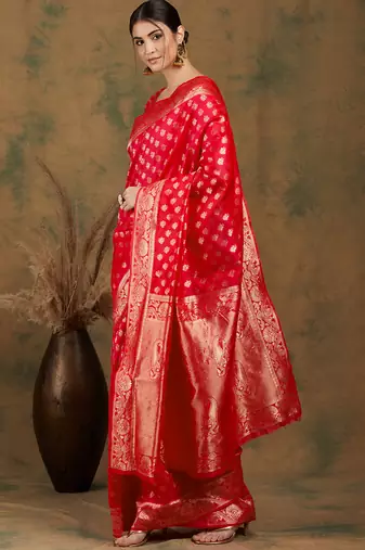 Red color weaving work kanjivaram silk saree with blouse