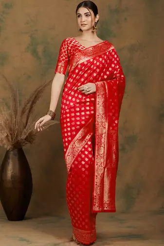Red color weaving work kanjivaram silk saree with blouse