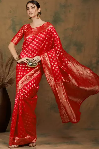 Red color weaving work kanjivaram silk saree with blouse