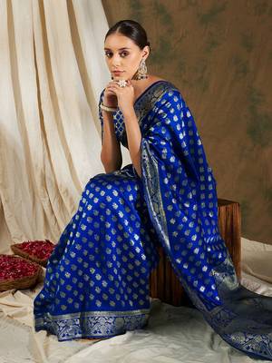 Royal blue color weaving work kanjivaram silk saree with blouse 1