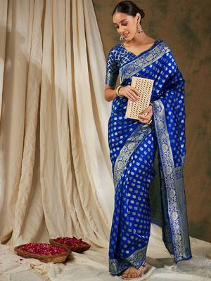 Royal blue color weaving work kanjivaram silk saree with blouse 2