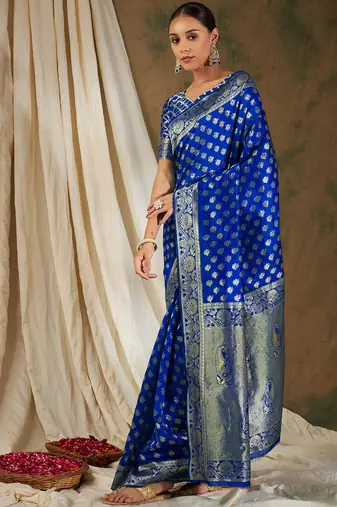 Royal blue color weaving work kanjivaram silk saree with blouse