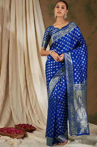 Royal blue color weaving work kanjivaram silk saree with blouse