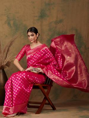 Pink color weaving work kanjivaram silk saree with blouse 1