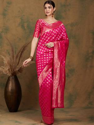 Pink color weaving work kanjivaram silk saree with blouse 2