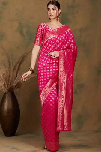 Pink color weaving work kanjivaram silk saree with blouse