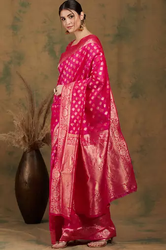Pink color weaving work kanjivaram silk saree with blouse