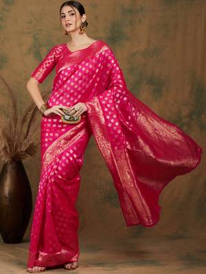 Pink color weaving work kanjivaram silk saree with blouse 5