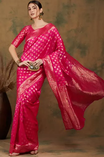 Pink color weaving work kanjivaram silk saree with blouse