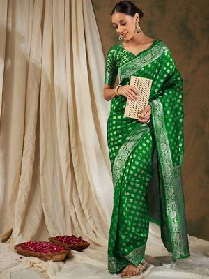 Green color weaving work kanjivaram silk saree with blouse 4