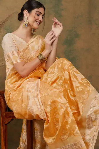 Lemon Color Weaving Work Spun Cotton Saree With Blouse