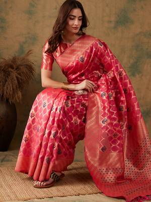 Pink color weaving work organza silk saree with blouse 1