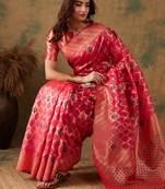 Pink color weaving work organza silk saree with blouse