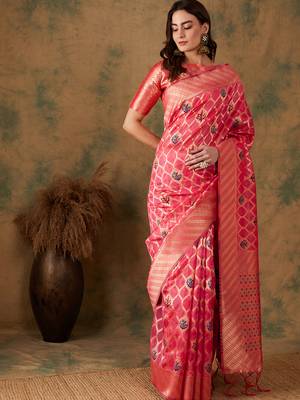 Pink color weaving work organza silk saree with blouse 2