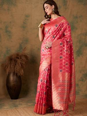 Pink color weaving work organza silk saree with blouse 3