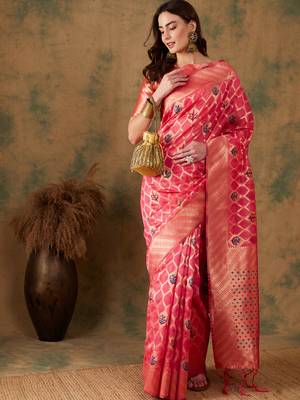 Pink color weaving work organza silk saree with blouse 4