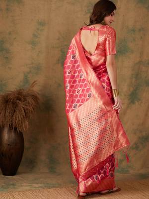 Pink color weaving work organza silk saree with blouse 5