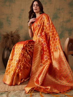 Gold color weaving work organza silk saree with blouse 1