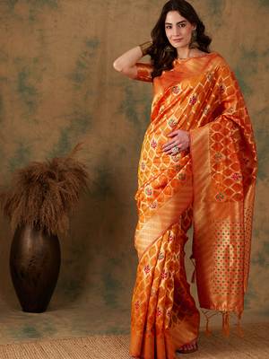 Gold color weaving work organza silk saree with blouse 2