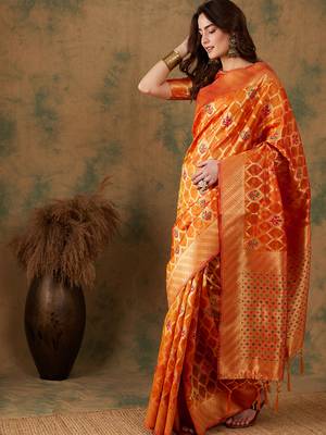 Gold color weaving work organza silk saree with blouse 3