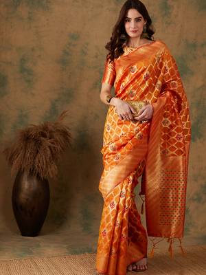 Gold color weaving work organza silk saree with blouse 4
