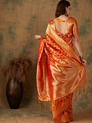 Gold color weaving work organza silk saree with blouse 5