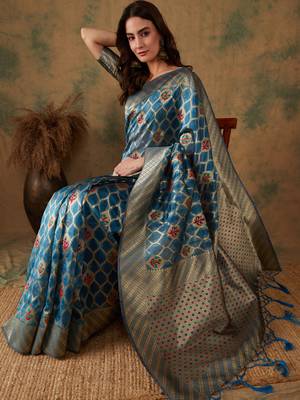 Sky Blue Color Weaving Work Organza Silk Blend Saree With Blouse 1