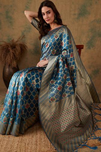 Sky Blue Color Weaving Work Organza Silk Blend Saree With Blouse