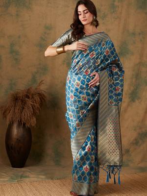 Sky Blue Color Weaving Work Organza Silk Blend Saree With Blouse 2